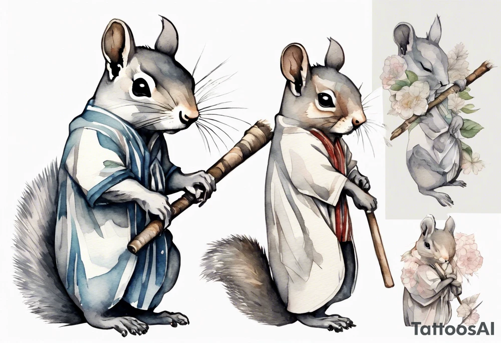 a sad grey squirrel dressed in a tunic holding a large silver stick tattoo idea