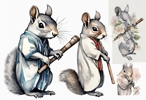 a sad grey squirrel dressed in a tunic holding a large silver stick tattoo idea