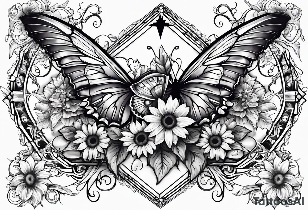 Arm sleeve with Winged cross with sunflower and butterflies tattoo idea