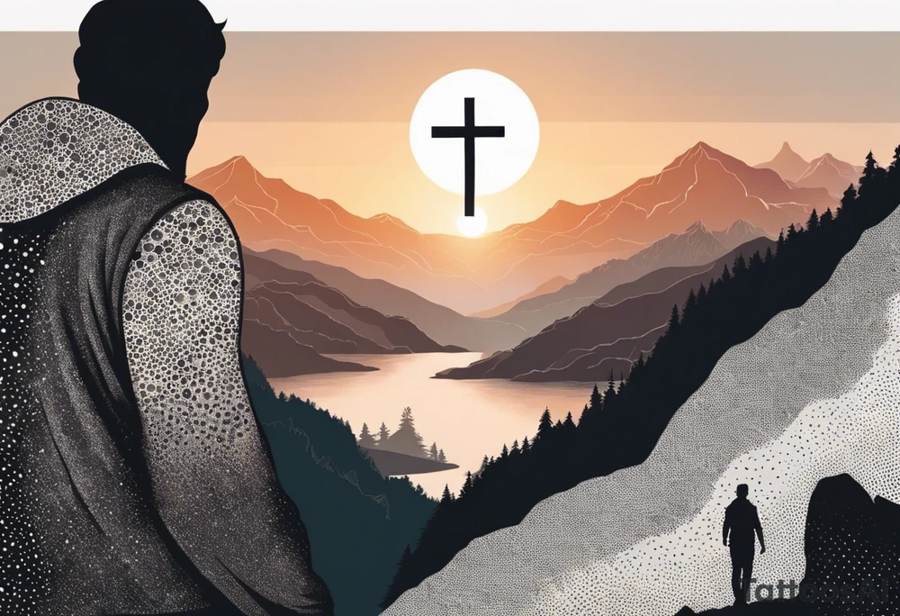 a father and son in the mountains with  a waterfall and cross in the background and a sunset tattoo idea