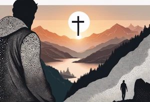 a father and son in the mountains with  a waterfall and cross in the background and a sunset tattoo idea