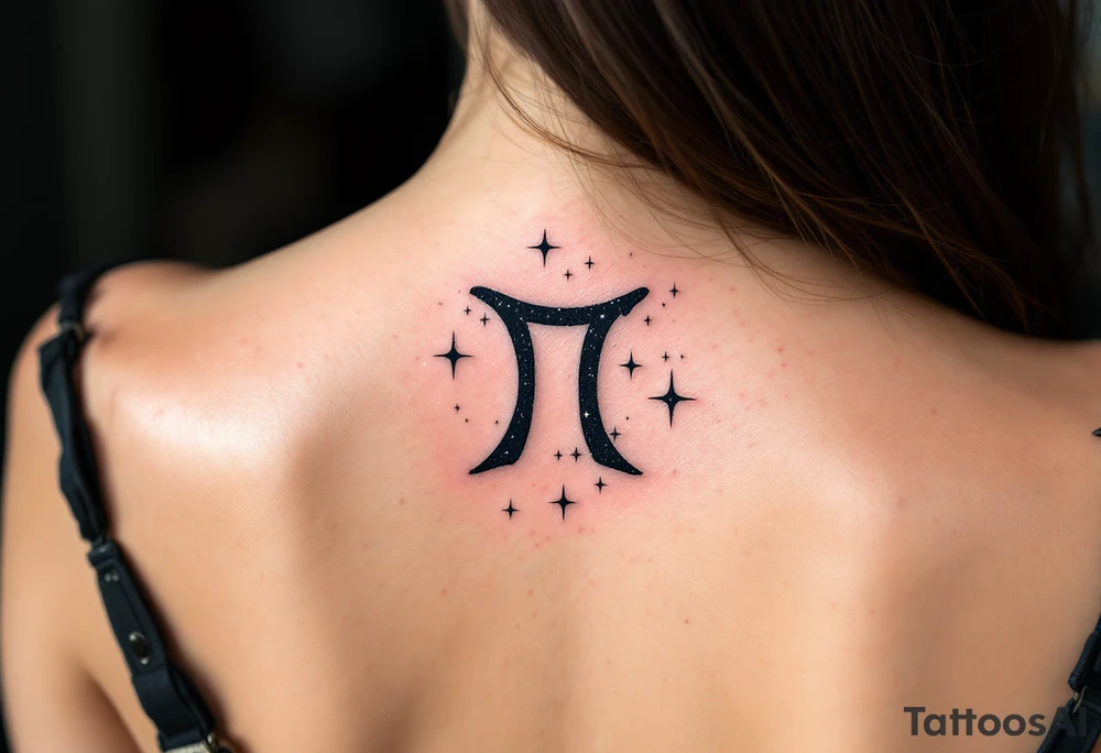 A bold black Pisces sign sits under a gradient of starlight forming the star constellation in icy shades. tattoo idea