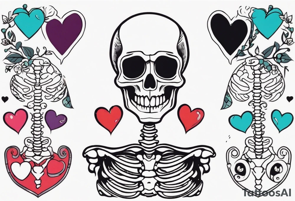 One skeleton with eyes in the shape of hearts, one skeleton sitting tattoo idea