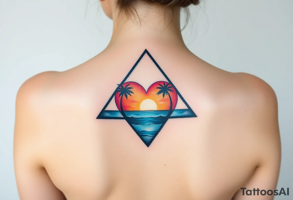 A triangle with a big heart in the center with an ocean theme and palm trees tattoo idea