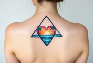 A triangle with a big heart in the center with an ocean theme and palm trees tattoo idea