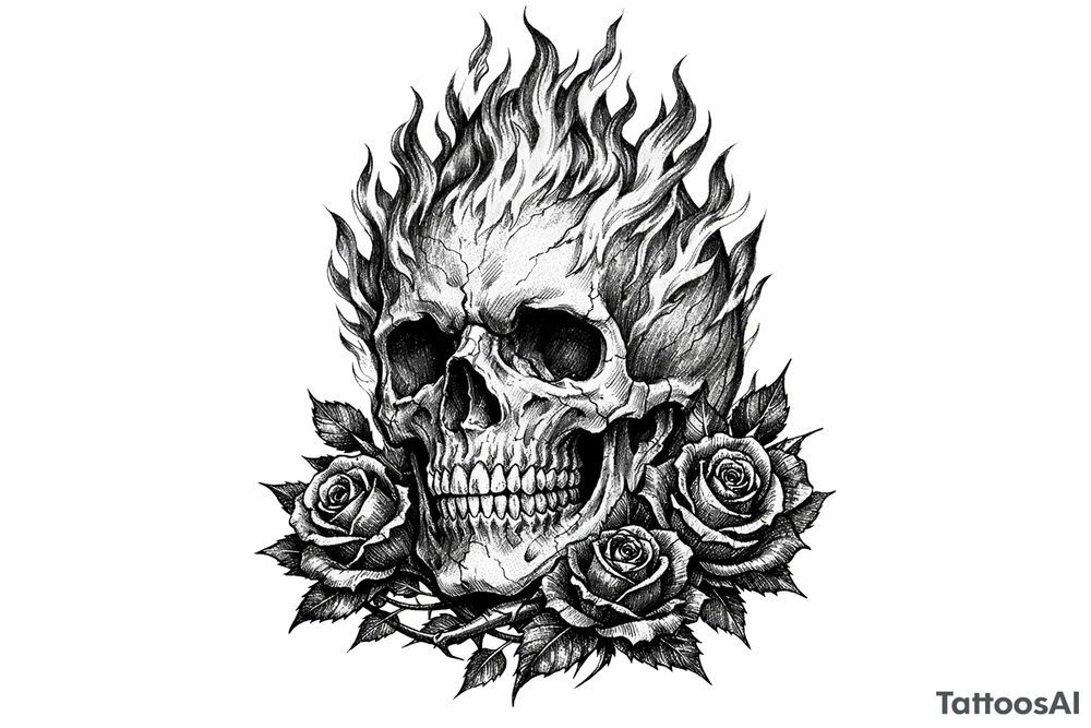 A realistic skull engulfed in vibrant, licking flames, with dark red roses twining around the base. tattoo idea