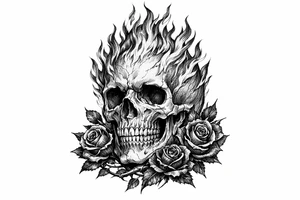 A realistic skull engulfed in vibrant, licking flames, with dark red roses twining around the base. tattoo idea