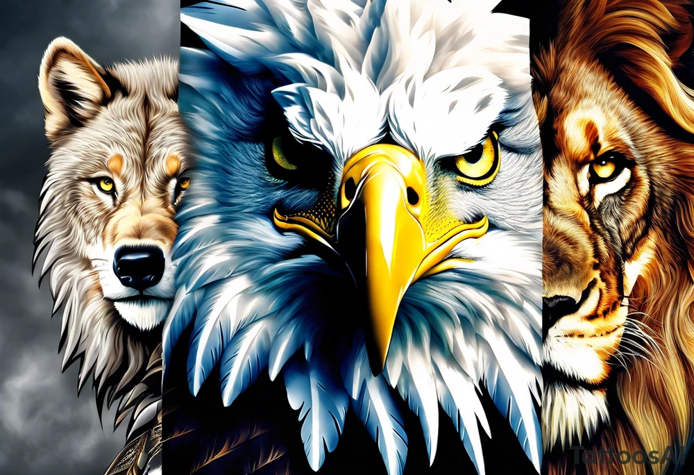 create a tattoo style image, merging the faces of 3 animals, an American eagle with a yellow beak, a lion and a wolf, the image must be half of the left face of the American eagle with a yellow beak merging with the entire face of the lion, and half of the right face of the wolf mixing with the entire face of the lion tattoo idea