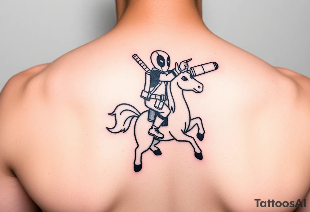Deadpool riding unicorn pointing rocket propelled grenade launcher tattoo idea
