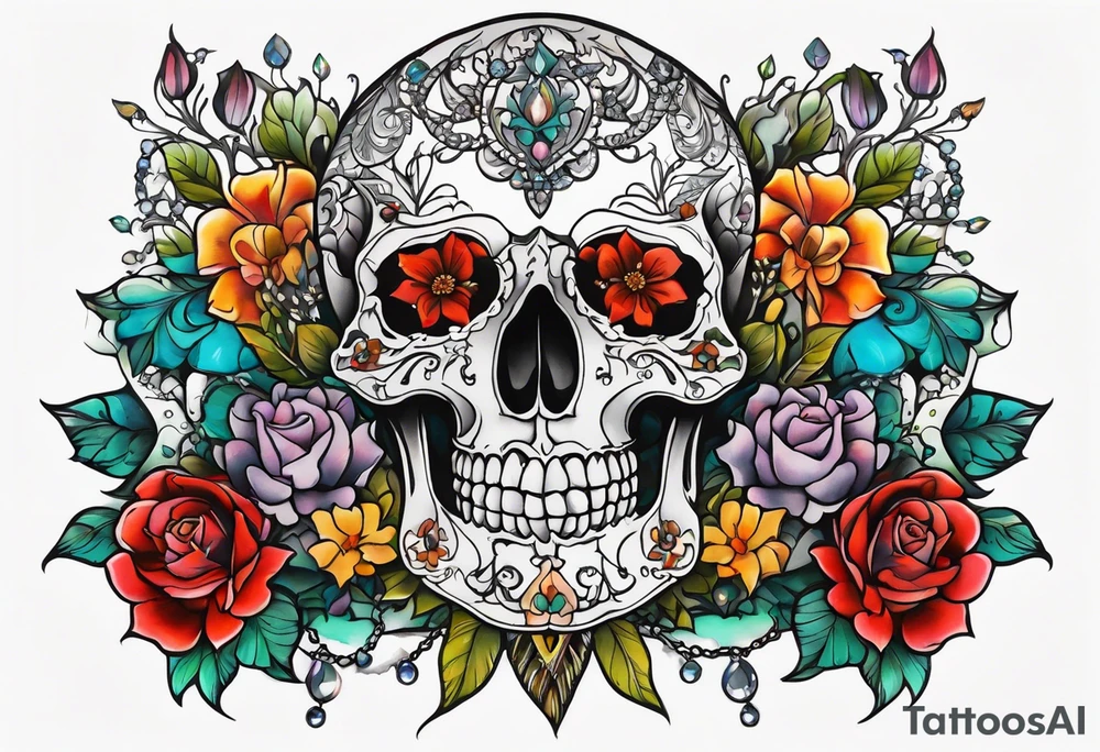 Neo traditional floral chest piece tattoo with small animal skulls and crystals tattoo idea