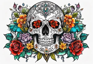 Neo traditional floral chest piece tattoo with small animal skulls and crystals tattoo idea