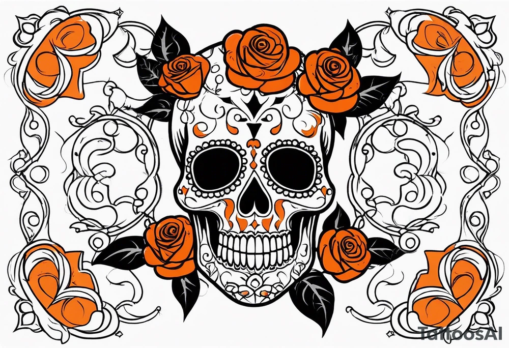 Orange Sugar skull with roses that are orange and red with smoke around it tattoo idea