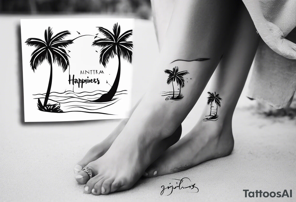 travel tattoo with mantra happiness on ankle elongated with the image of a sea ​​selfie and palm trees tattoo idea
