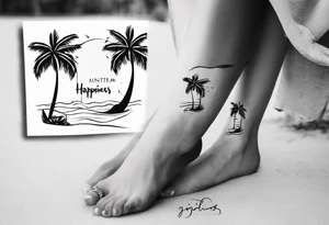 travel tattoo with mantra happiness on ankle elongated with the image of a sea ​​selfie and palm trees tattoo idea