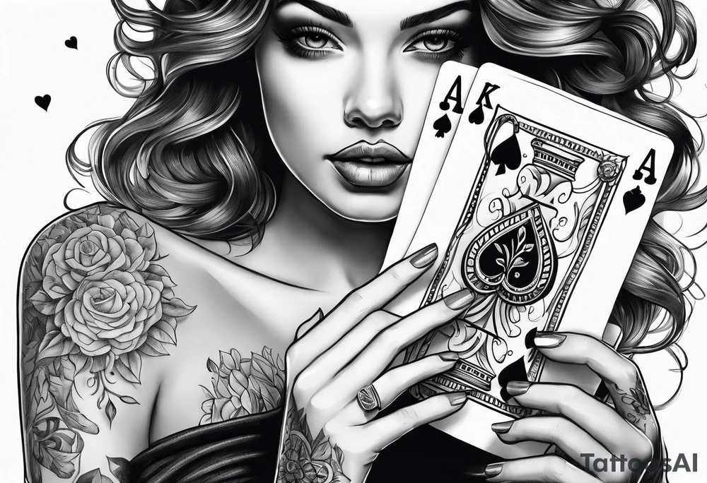 woman hand holding cards tattoo idea