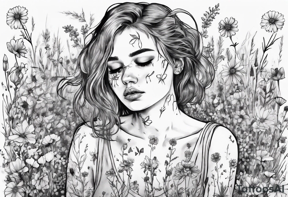 Depressed girl in flowers meadow tattoo idea
