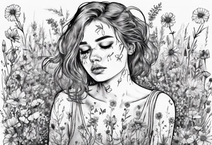 Depressed girl in flowers meadow tattoo idea
