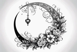 Crescent moon with a heart inside, shrouded by beautiful flowers with wisps of mist tattoo idea