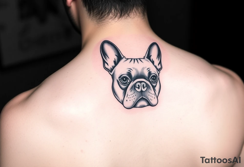 French bulldog, feminine ruby color tattoo idea
