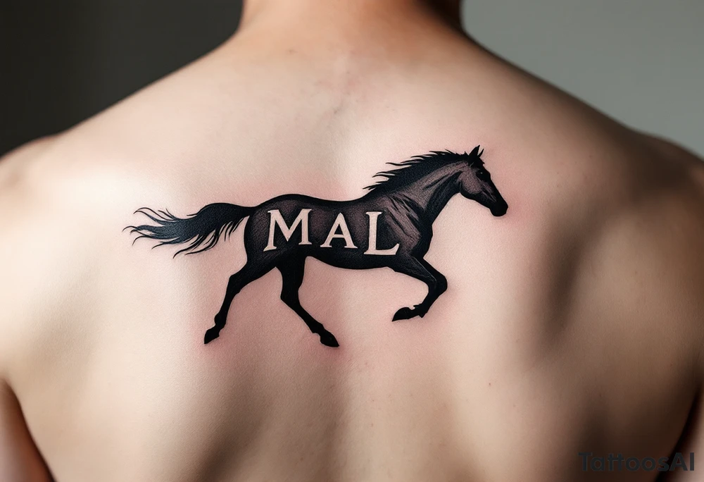 horse silhouette 
from the front which gallops from the front, with the 3 small letters discreetly integrated: M, A, L tattoo idea