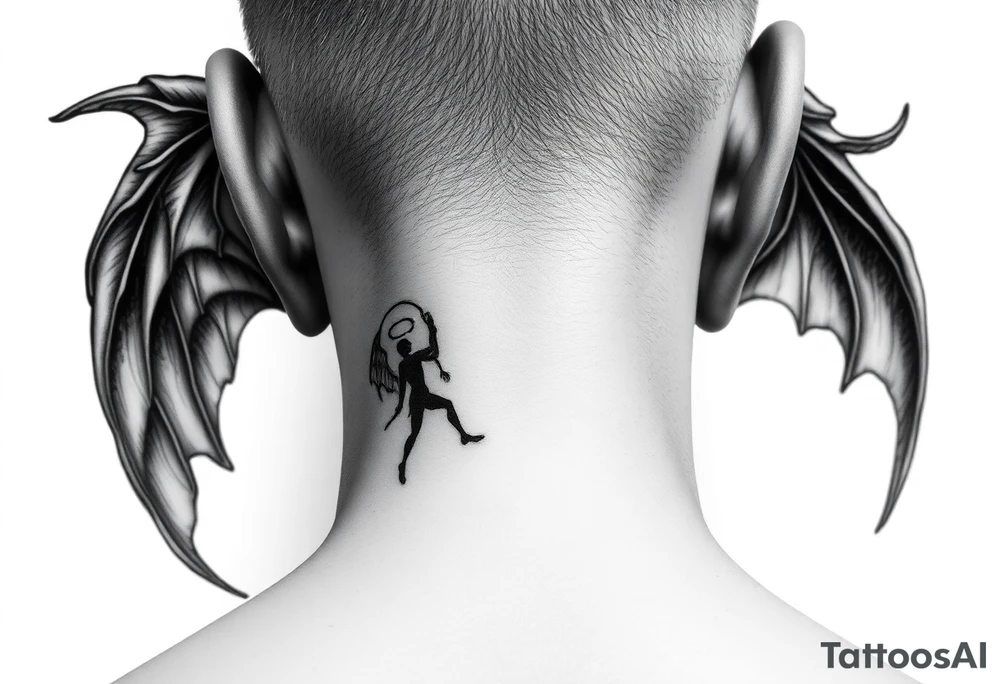 position behind the neck Angel (on the right) whispering in the right ear, demon (on the left) whispering in the left ear tattoo idea