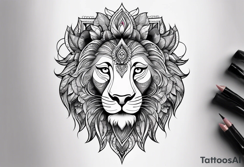 Half lion face half ornate lion face mandala black and grey tattoo tattoo idea