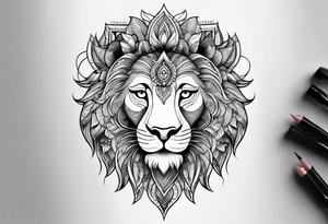 Half lion face half ornate lion face mandala black and grey tattoo tattoo idea