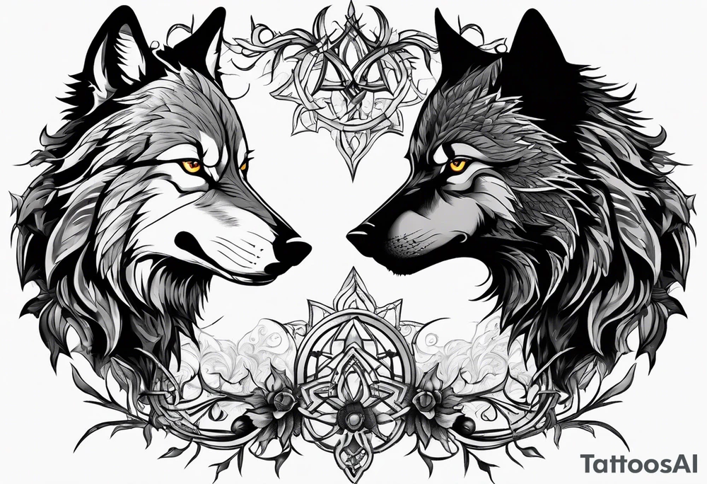 Two wolves face each other.  They wolf snarls, surrounded by thorns. tattoo idea
