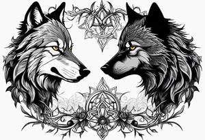 Two wolves face each other.  They wolf snarls, surrounded by thorns. tattoo idea