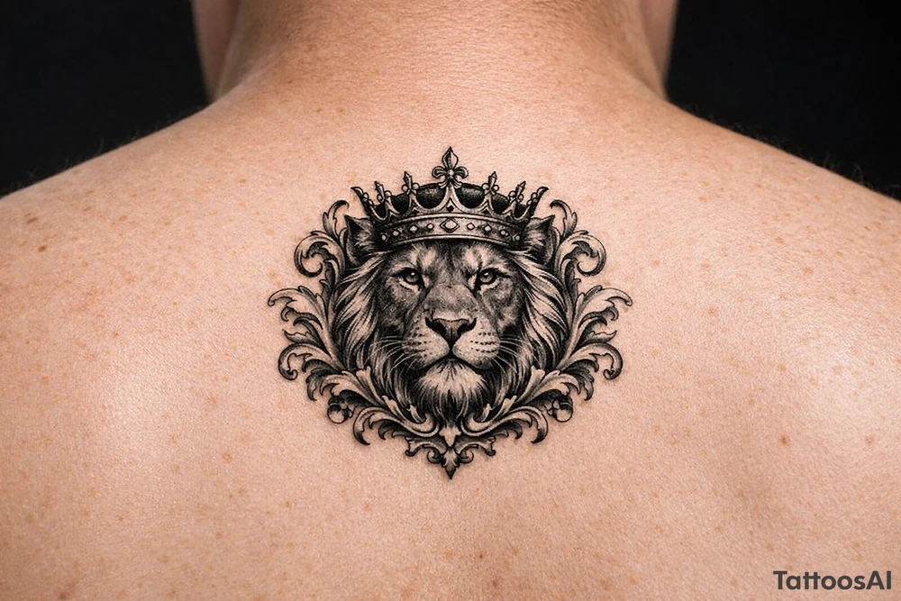 powerful majestic lion with a crown, framed by ornate floral scrollwork tattoo idea