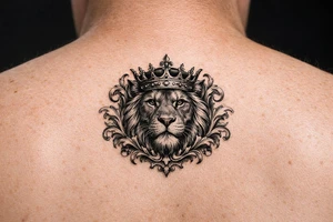 powerful majestic lion with a crown, framed by ornate floral scrollwork tattoo idea