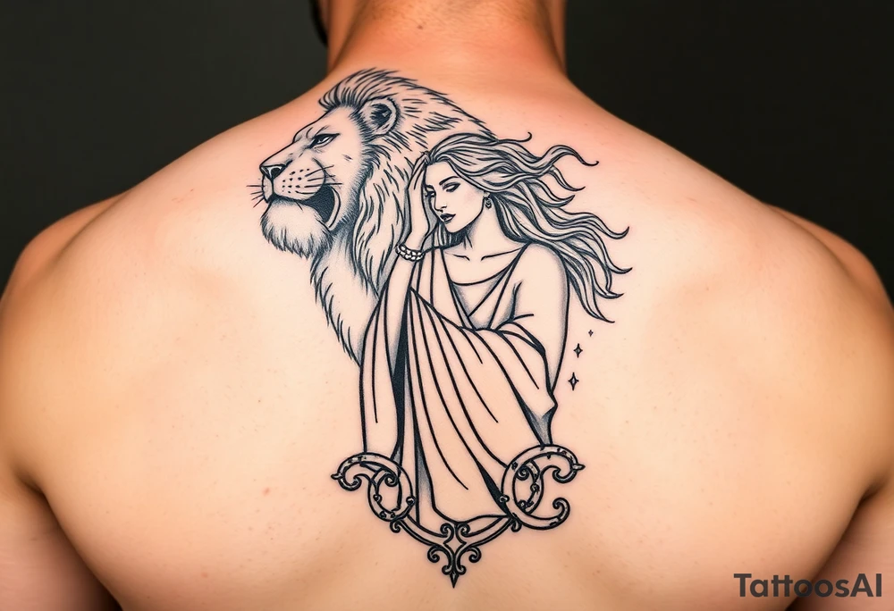Roaring Leo lion holding virgo woman with robe and wavy hair, Sagittarius female and Capricorn male at the bottom tattoo idea
