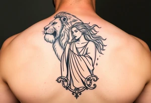 Roaring Leo lion holding virgo woman with robe and wavy hair, Sagittarius female and Capricorn male at the bottom tattoo idea