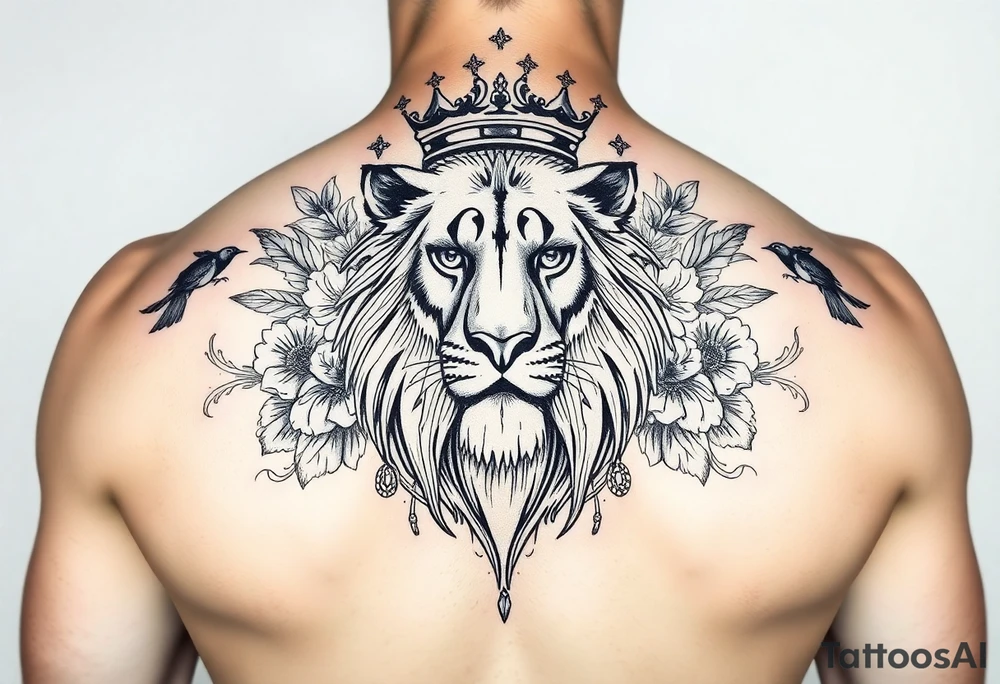 powerful majestic lion with a crown, surrounded by floral ornaments and birds tattoo idea