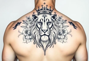 powerful majestic lion with a crown, surrounded by floral ornaments and birds tattoo idea