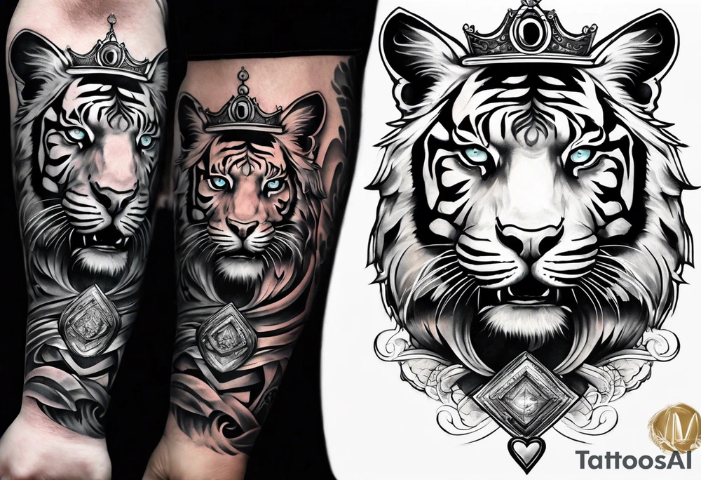 Full right arm sleeve a tiger at the top with a crown and third eye underneath a large hour glass with a brain and heart inside of it tattoo idea