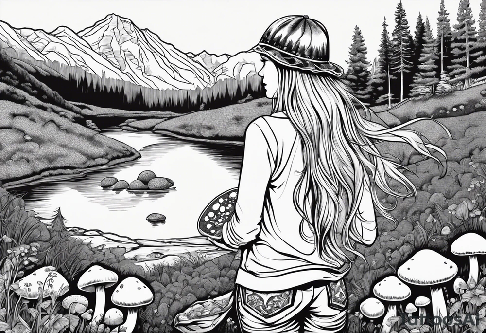 Whole picture encircled fully

Straight long blonde hair hippie girl in distance holding mushrooms in hand facing away toward mountains and creek surrounded by mushrooms long sleeve shirt and hiking pants; whole rendering within a full circle, no cut off circle tattoo idea