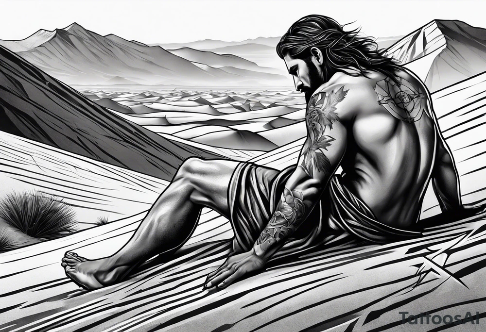 man crawling in a desert reaching to the cross of Christ tattoo idea