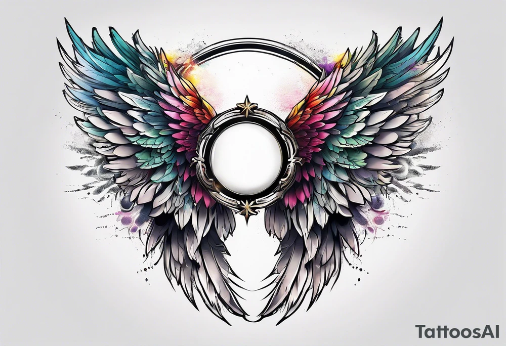 a pair of wings with a halo above them tattoo idea