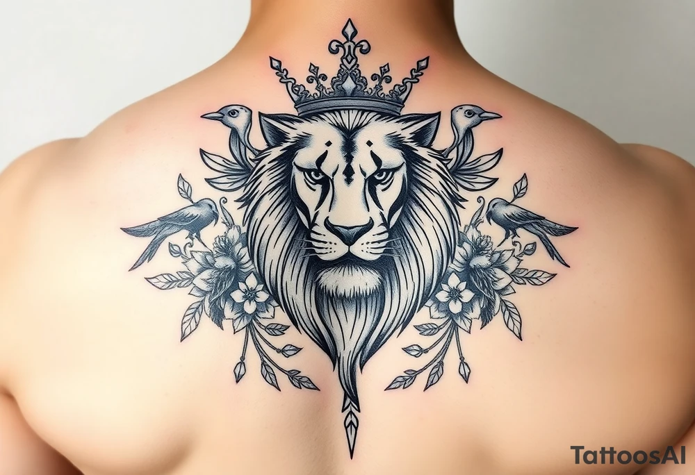 powerful majestic lion with a crown, surrounded by floral ornaments and birds tattoo idea