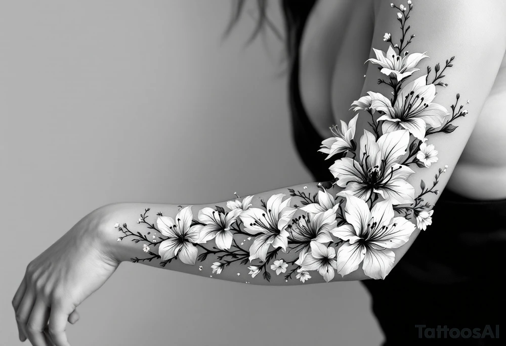 Spider Lilies and Cherry Blossoms blended and wrapped around the arm tattoo idea