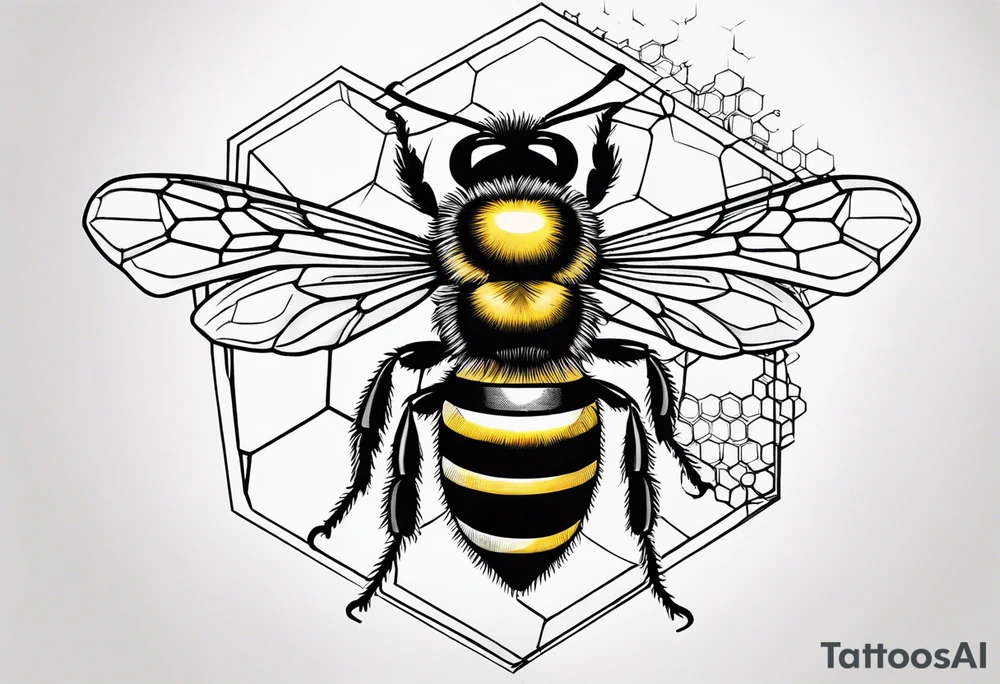 I would like a realistic, 3D tattoo of a bee exiting frontally from a hexagonal cell, the cell should give the impression of being inside the body tattoo idea