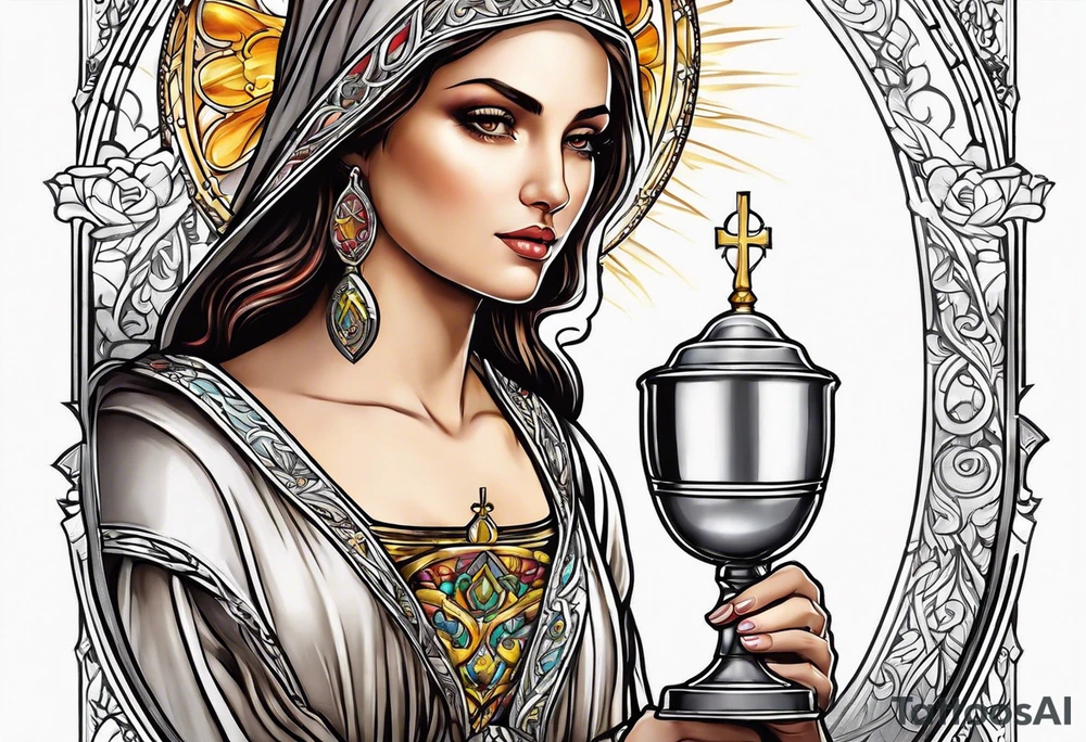 Female saint holding a chalice tattoo idea