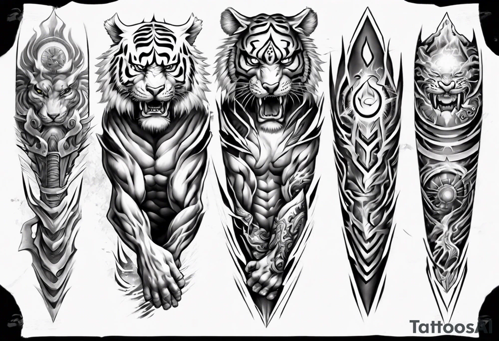 Tiger Warrior sleeve tattoo with lightning and the sun
Forearm sleeve tattoo idea