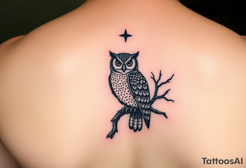 wise owl perched on ancient oak branch under starlit sky tattoo idea