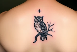 wise owl perched on ancient oak branch under starlit sky tattoo idea