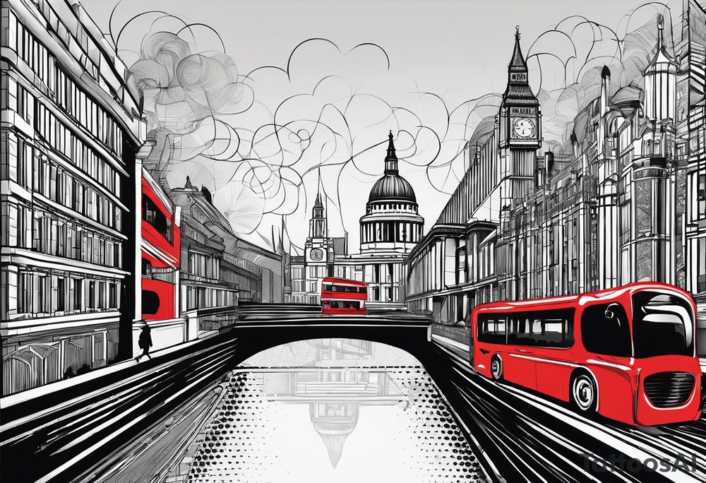 A minimalistic, abstract design capturing the architectural essence and vibe of London. Key elements of London’s skyline and structure are hinted at with clean lines, and subtle detailing includes personal touches, like a nod to Feid’s signature look (hat, glasses, mustache), integrated discreetly to honor a memorable concert experience. tattoo idea
