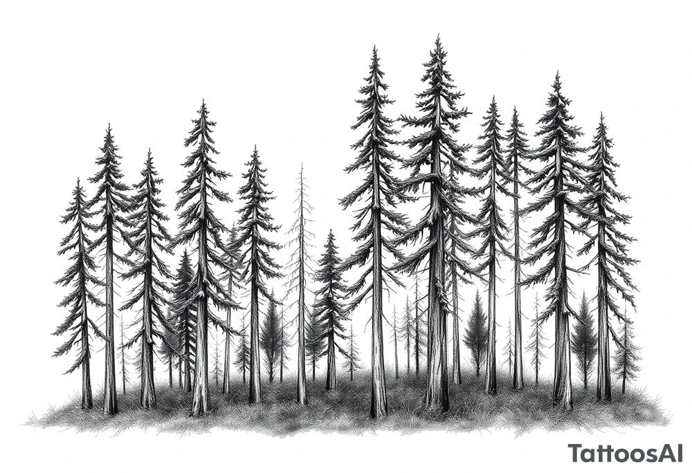 Needle forest with black and gray trees tattoo idea
