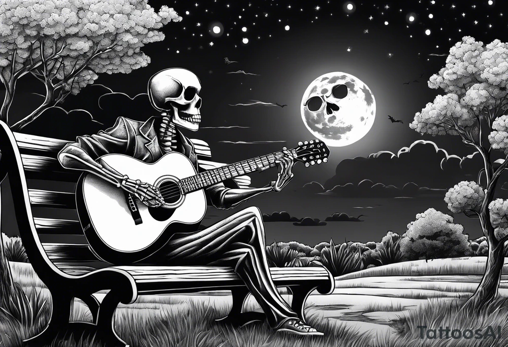 peaceful skeleton sitting on a park bench playing acoustic guitar on a cloudy night with a large full moon tattoo idea