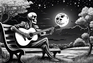 peaceful skeleton sitting on a park bench playing acoustic guitar on a cloudy night with a large full moon tattoo idea